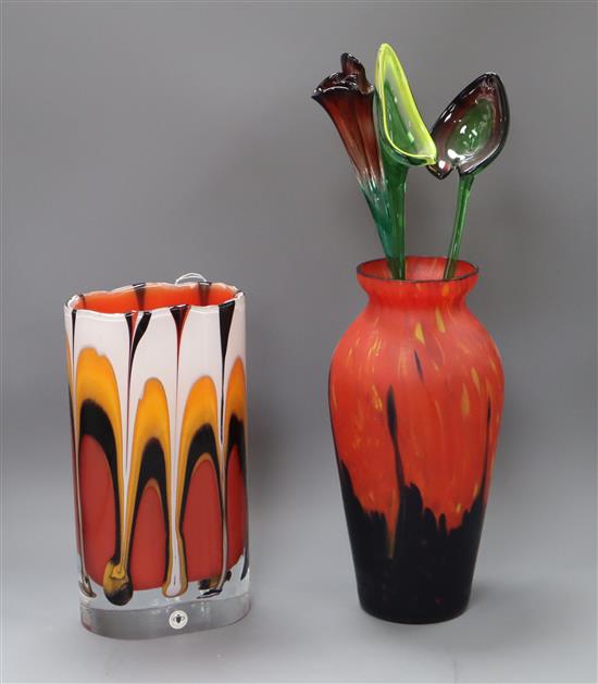 A Czech art glass vase, a mottled glass vase and three handblown glass blooms